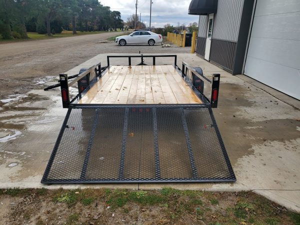 Rear view of 2021 Trail King 82x14 ATV trailer with ramp lowered