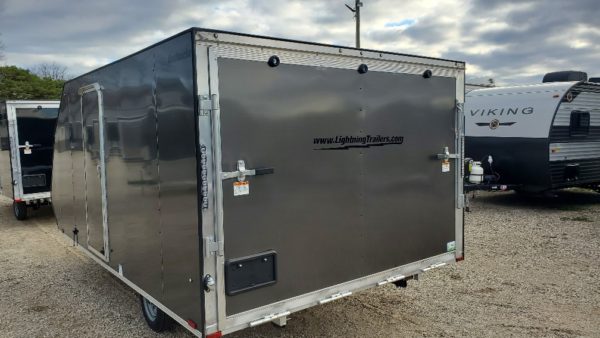 View of the 2023 Lightning Avalanche 8.5X14 Aluminum Snowmobile Trailer Rear