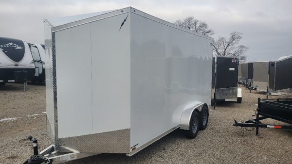 View of the front of the 2023 Lightning 7x16 All Aluminum with Rear Ramp